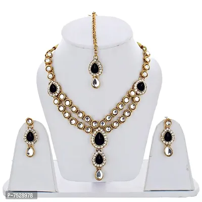 Lucky Jewellery Designer Black Color Stone Kundan Double Locket Necklace Set with Earring and Tikka for Girls  Women-thumb2