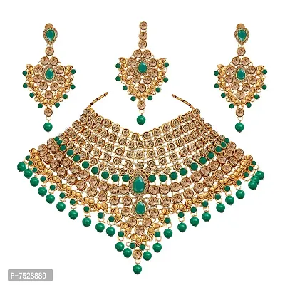 Lucky Jewellery Semi Bridal Dulhan Golden Green Color Wedding  Engagement Necklace Set with Mang Tikka for Girls  Women (1815-L1SS-KD124-LCT-LG)