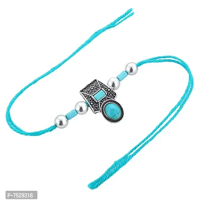 Lucky jewellery Rakhi Silver Oxidised Turquoise BlueRakhe Boho Collection Rakshabandan Rakhee Bracelet for Bro/Brother/Bhaiya/Bhai/Bhabhi Rakshasutra (65-CHEOR1-LJ702-F-S-2)-thumb3