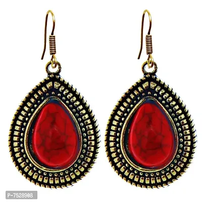 Lucky Jewellery Tribal Designer Gold Plated Retro Tibetan Oxidised Bohemian Oval Red Color Pendant Locket Set with Drop Earrings Hasli Kanthi Necklace for Girls  Women-thumb5