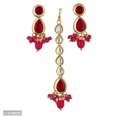 Lucky Jewellery Meenakari 18k Gold Plated Magenta Color Tika Earring Combo Uncut Big Faux Kundan Necklace set (911-J5SK-1817-R)-thumb4