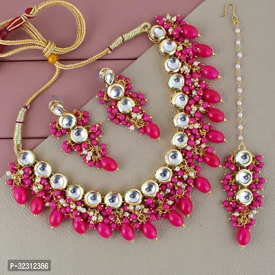 LUCKY JEWELLERY Back Meenakari 18k Gold Plated Magenta Color Tika Earring Combo Uncut Big Faux Kundan Choker Necklace set (926-J5SK-1810-R)-thumb0