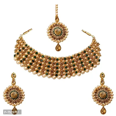 Lucky Jewellery Elegant Golden Green Color Gold Plated Pearl and Stone Necklace Set for Girls  Women (726-ISP-816-G-LCT-G)