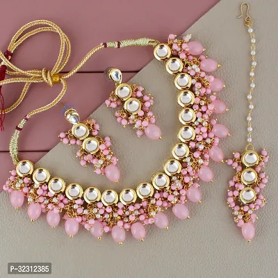 LUCKY JEWELLERY Back Meenakari 18k Gold Plated Pink Color Tika Earring Combo Uncut Big Faux Kundan Choker Necklace set (926-J5SK-1810-PK)