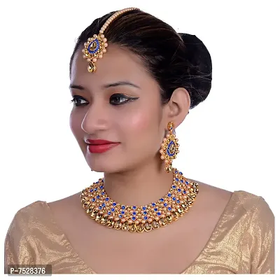 Lucky Jewellery Stunning Golden Blue Color Stone Necklace Set for Girls  Women (726-ISS-823-G-LCT-B-MOD)