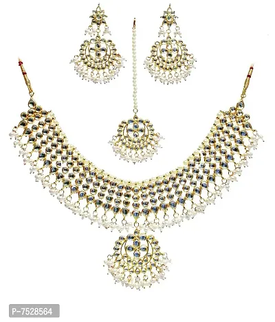 Lucky Jewellery Traditional White Color Gold Plated Kundan Necklace Set for Girl  Women (1725-QSK-9062-W)