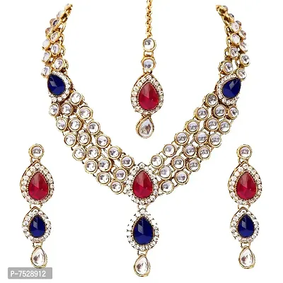 Lucky Jewellery 3 Line Kundan Set Magenta Blue Colour with Earrings Tikka (MSK-3-LINE-RB)