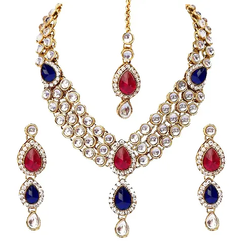 Lucky Jewellery Traditional Gold Plated Kundan Necklace Set for Girl  Women (MSK-3-LINE-PARENT)