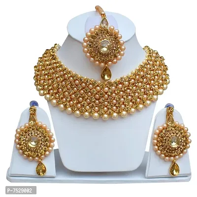 Lucky Jewellery Elegant Golden Color Gold Plated Pearl and Stone Necklace Set for Girls  Women (726-ISP-816-G-LCT)