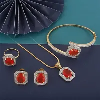 Lucky Jewellery 18K Gold Plated American Diamond (AD) Red Color Combo Pendant Set with Earring, Bracelet,  Ring for Girls  Women (624-K5SA-882-RED)-thumb1