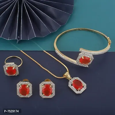 Lucky Jewellery 18K Gold Plated American Diamond (AD) Red Color Combo Pendant Set with Earring, Bracelet,  Ring for Girls  Women (624-K5SA-882-RED)-thumb2
