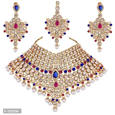 Lucky Jewellery Magenta Blue Semi Bridal Dulhan Dulhan Wedding  Engagement Necklace Set with Mang Tikka (1815-L1SS-KD124-RB)