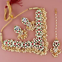 LUCKY JEWELLERY Back Meenakari 18k Gold Plated White Color Tika Earring Combo Uncut Big Faux Kundan Choker Necklace set (1122-J5SK-1698-W)-thumb1