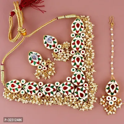 LUCKY JEWELLERY Back Meenakari 18k Gold Plated White Color Tika Earring Combo Uncut Big Faux Kundan Choker Necklace set (1122-J5SK-1698-W)-thumb2