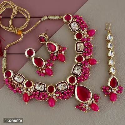 Lucky Jewellery Meenakari 18k Gold Plated Magenta Color Tika Earring Combo Uncut Big Faux Kundan Necklace set (911-J5SK-1817-R)