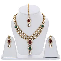 Lucky Jewellery Designer Maroon Green Color Stone Kundan Double Locket Necklace Set with Earring and Tikka for Girls  Women-thumb1