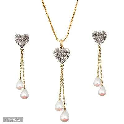 Lucky Jewellery 18K Gold Plated American Diamond (AD) White Color Heart Shape Pendant with Earring and Chain for Girls and Women (163-P4L1A-1527)