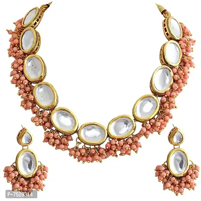 Lucky Jewellery 18K Gold Plated Peach Color Kundan Stone/Uncut Kundan/Dibbi Kundan/Meena Kundan/Lucknow Kundan Necklace Set for Girls  Women (1000-J5SK-1607-PH)-thumb0