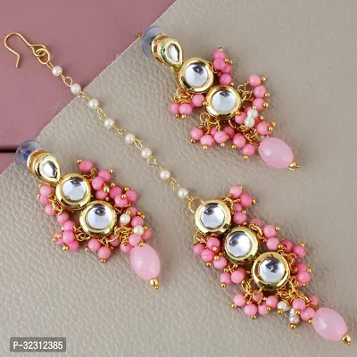 LUCKY JEWELLERY Back Meenakari 18k Gold Plated Pink Color Tika Earring Combo Uncut Big Faux Kundan Choker Necklace set (926-J5SK-1810-PK)-thumb5