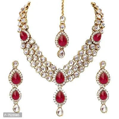 Lucky Jewellery 3 Line Kundan Set Magenta Colour with Earrings Tikka (MSK-3-LINE-R)-thumb0