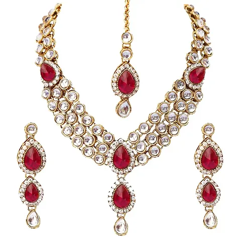 Lucky Jewellery 3 Line Non-Precious Metal Kundan Set with Earrings and Tikka for Women (Purple)