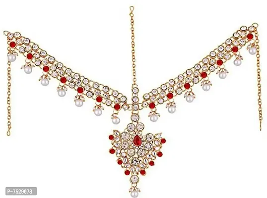 LUCKY JEWELLERY 18K Gold Plated Bridal Dulhan Mangtika Kundan Stone Red Color for Girls and Women (330-L1PS-KD124-RED)-thumb0