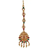 Lucky Jewellery Traditional Copper Finish Gold Plated Maroon and Green Color Temple Religious Jewelry Goddess Laxmi Maang Tikka for Girls  Women (119-K2QT1-1595-MG)-thumb1