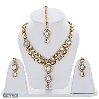 Lucky Jewellery Designer White Color Stone Kundan Double Locket Necklace Set with Earring and Tikka for Girls  Women-thumb2