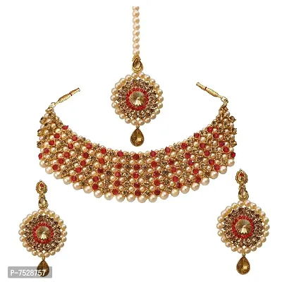 Lucky Jewellery Elegant Golden Red Color Gold Plated Pearl and Stone Necklace Set for Girls  Women (726-ISP-816-G-LCT-RED)-thumb0