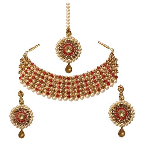 Lucky Jewellery Elegant Gold Plated Pearl and Stone Necklace Set for Girls  Women (726-ISP-816-G-Parent)
