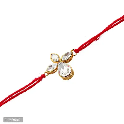 Lucky Jewellery Designer Fancy Traditional Rakhi Gold Plated Red Thread for Bro/Brother/Bhaiya/Bhai/Bhabhi (Pack of 1) Rakshabandan Rakhe White Stone Rakhee Bracelet Rakshasutra-thumb2