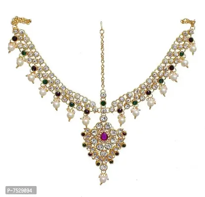LUCKY JEWELLERY 18K Gold Plated Bridal Dulhan Mangtika Kundan Stone Purple Green Color for Girls and Women (330-L1PS-KD124-PG)-thumb0