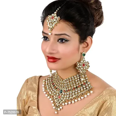 Lucky Jewellery Red Green Bridal Dulhan Dulhan Wedding  Engagement Necklace Set with Mang Tikka Best for Bride Red Green in Color (1815-L1SS-KD124-RED-G-MOD)-thumb0