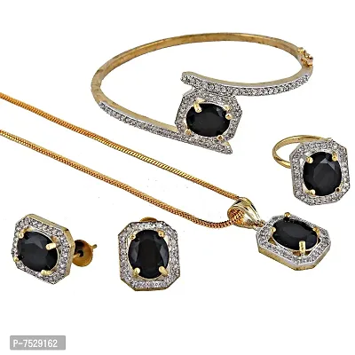 JEWEL21 18K Gold Plated American Diamond (AD) Black Color Combo Pendant Set with Earring, Bracelet,  Ring for Girls  Women (624-k5sa-882-bl)
