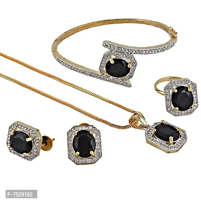 JEWEL21 18K Gold Plated American Diamond (AD) Black Color Combo Pendant Set with Earring, Bracelet,  Ring for Girls  Women (624-k5sa-882-bl)-thumb0