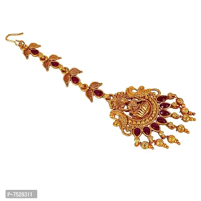 Lucky Jewellery Traditional Copper Finish Gold Plated Maroon Color Temple Religious Jewelry Goddess Laxmi Maang Tikka for Girls  Women (119-K2QT1-1589-M)-thumb0