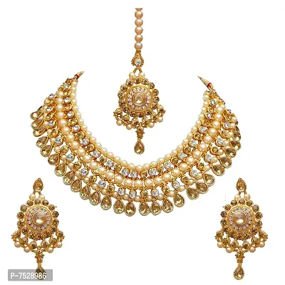 Lucky Jewellery Designer Golden White Color Gold Plated Pearl and Stone Necklace Set for Girls  Women (727-ISS-819-G-LCT-W)