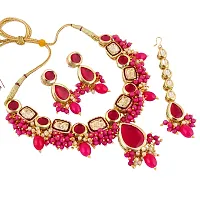 Lucky Jewellery Meenakari 18k Gold Plated Magenta Color Tika Earring Combo Uncut Big Faux Kundan Necklace set (911-J5SK-1817-R)-thumb1