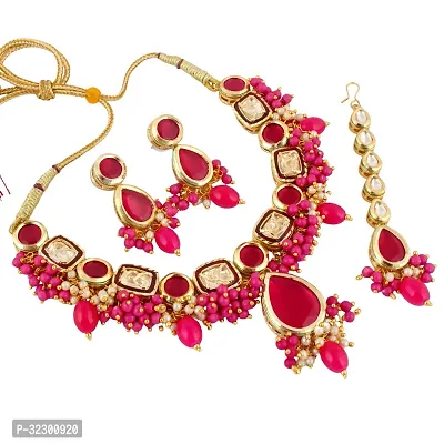 Lucky Jewellery Meenakari 18k Gold Plated Magenta Color Tika Earring Combo Uncut Big Faux Kundan Necklace set (911-J5SK-1817-R)-thumb2