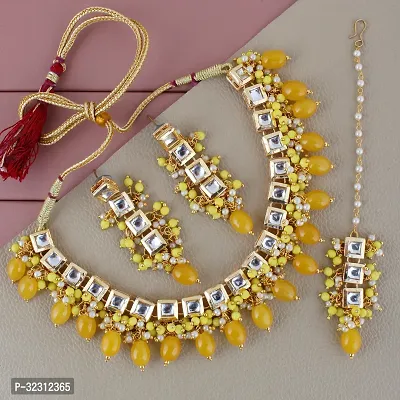 LUCKY JEWELLERY Back Meenakari 18k Gold Plated Yellow Color Tika Earring Combo Uncut Big Faux Kundan Choker Necklace set (660-J5SK-1664-Y)-thumb0