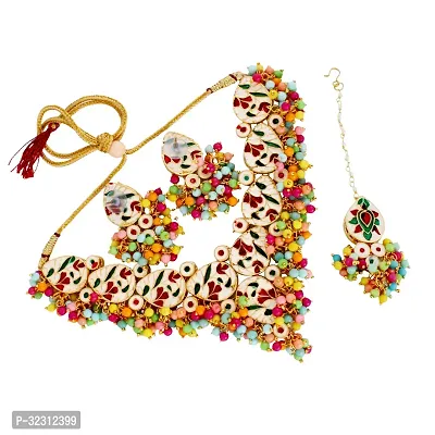 LUCKY JEWELLERY Back Meenakari 18k Gold Plated Multi Color Tika Earring Combo Uncut Big Faux Kundan Choker Necklace set (1122-J5SK-1698-MT)-thumb2