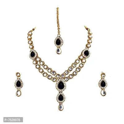 Lucky Jewellery Designer Black Color Stone Kundan Double Locket Necklace Set with Earring and Tikka for Girls  Women-thumb0