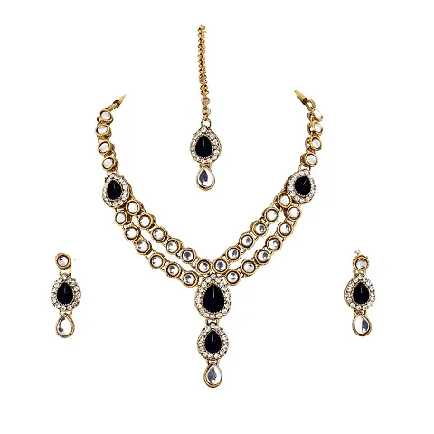 Lucky Jewellery Designer Color Stone Kundan Double Locket Necklace Set with Earring and Tikka for Girls Women