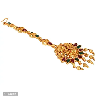 Lucky Jewellery Traditional Copper Finish Gold Plated Maroon and Green Color Temple Religious Jewelry Goddess Laxmi Maang Tikka for Girls  Women (119-K2QT1-1595-MG)-thumb0