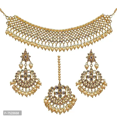 Lucky Jewellery Designer Golden Color White Kundan Pearl Choker Necklace Set for Girls  Women (1095-QSK-9074-GOLD)-thumb5