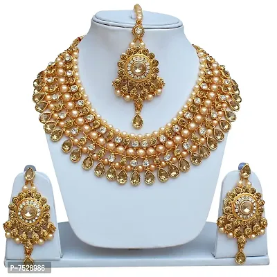 Lucky Jewellery Designer Golden White Color Gold Plated Pearl and Stone Necklace Set for Girls  Women (727-ISS-819-G-LCT-W)-thumb2