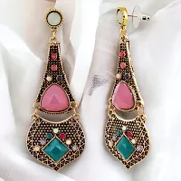 Lucky Jewellery Designer Black Metal Oxidised Gold Bohemian Design Pink Color Dangle Hanging Earring For Girls  Women (150-CHEO-1257-PK)-thumb2