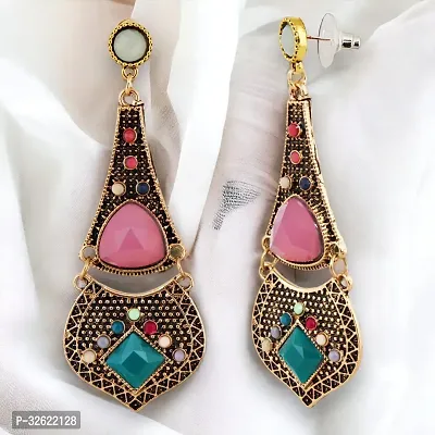 Lucky Jewellery Designer Black Metal Oxidised Gold Bohemian Design Pink Color Dangle Hanging Earring For Girls  Women (150-CHEO-1257-PK)-thumb3