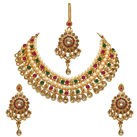 Lucky Jewellery Designer Color Plated Pearl and Stone Necklace Set for Girls Women (727-ISS-819-G-LCT-RG)