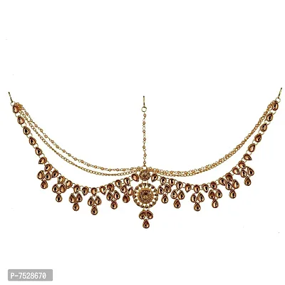 Lucky Jewellery Designer Gold Plated LCT Gold Color Moti Pearl Maang Tikka Stone Damini Wedding Mathapatti for Girls  Women (413-L1PK-31-LCT)-thumb0